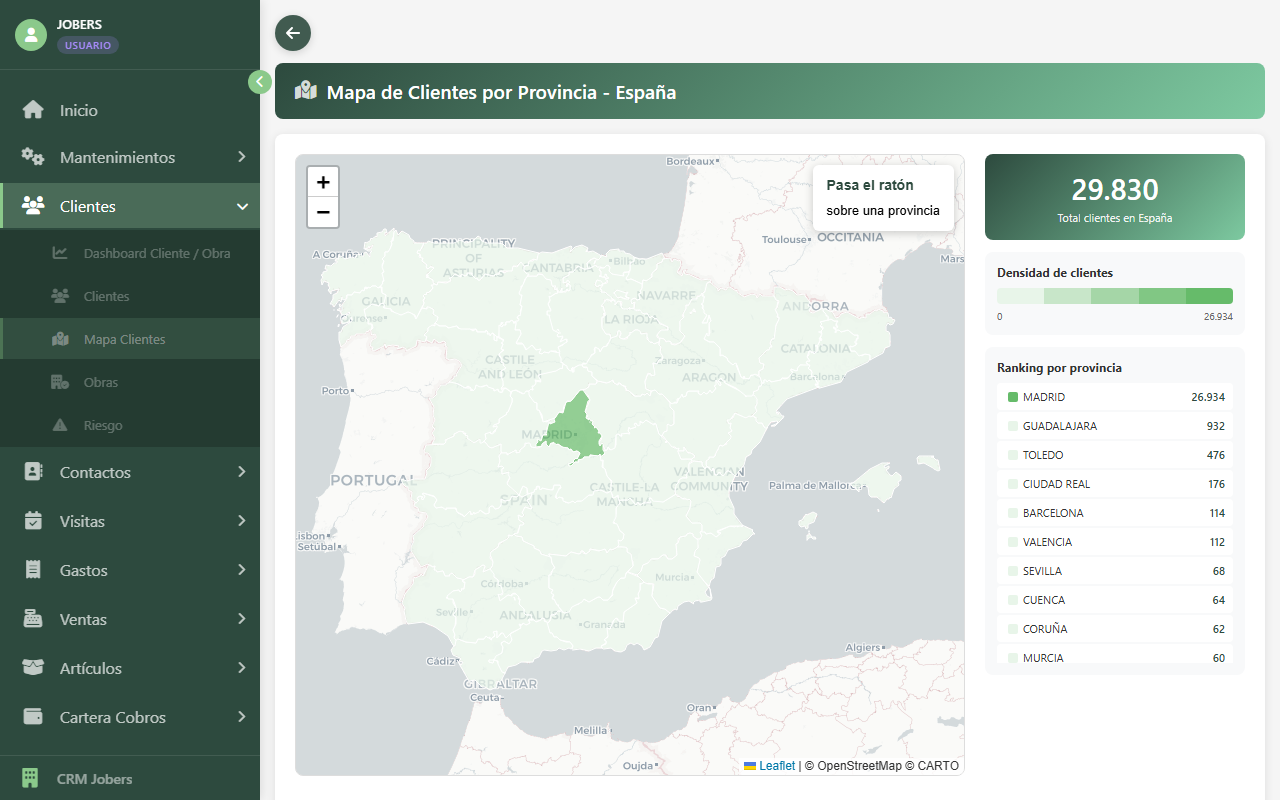 Mapa de Clientes por provincia en JobCRM