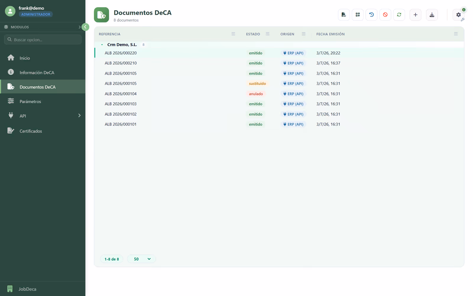 Documentos DeCA agrupados por empresa emisora