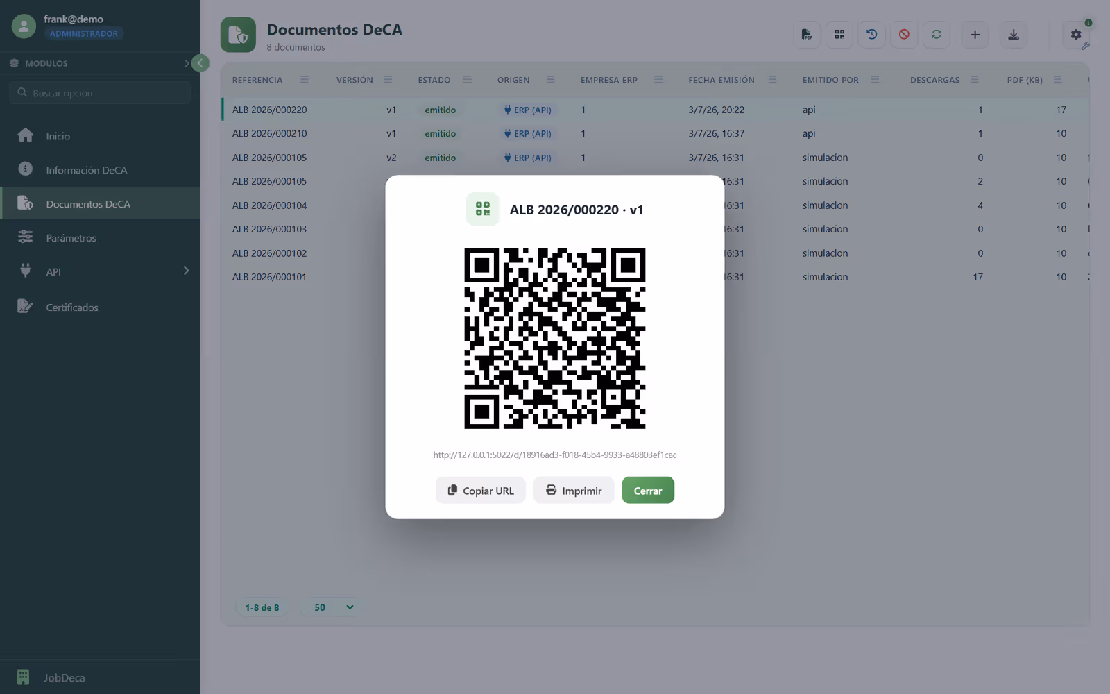 QR del documento, listo para el conductor
