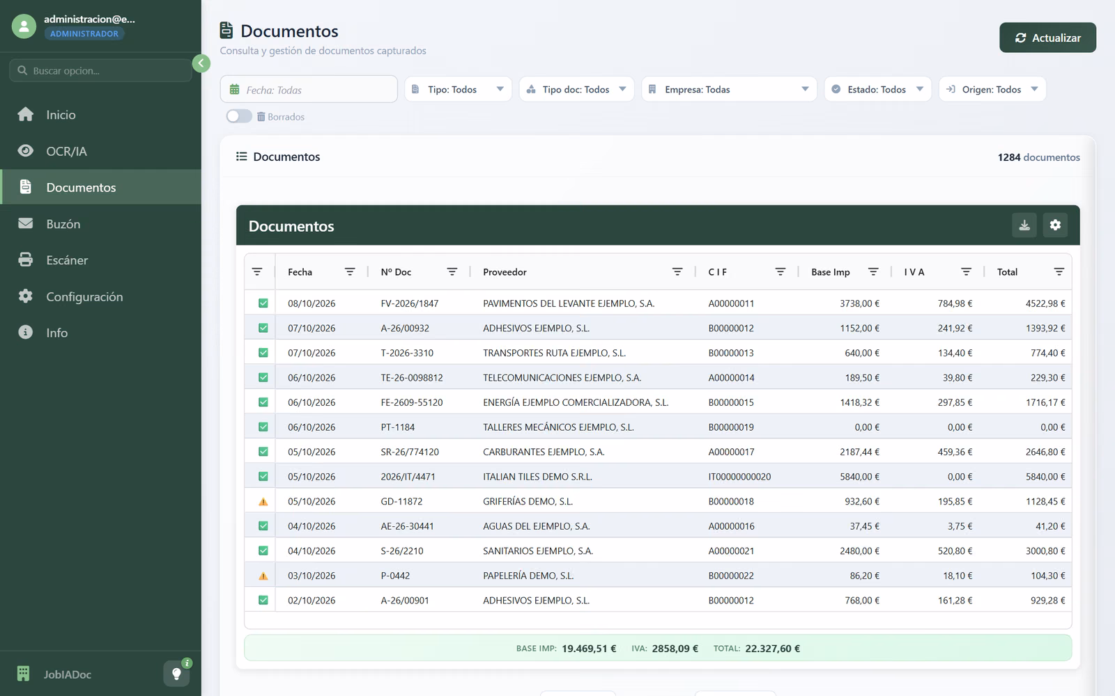 Listado de documentos capturados con su estado, importes y totales